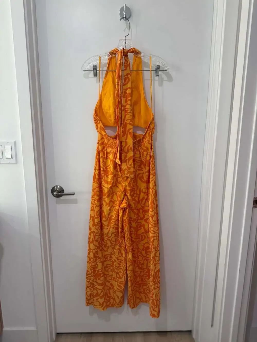 Free People Kira Orange Printed O-Ring Wide Leg Halter Jumpsuit
